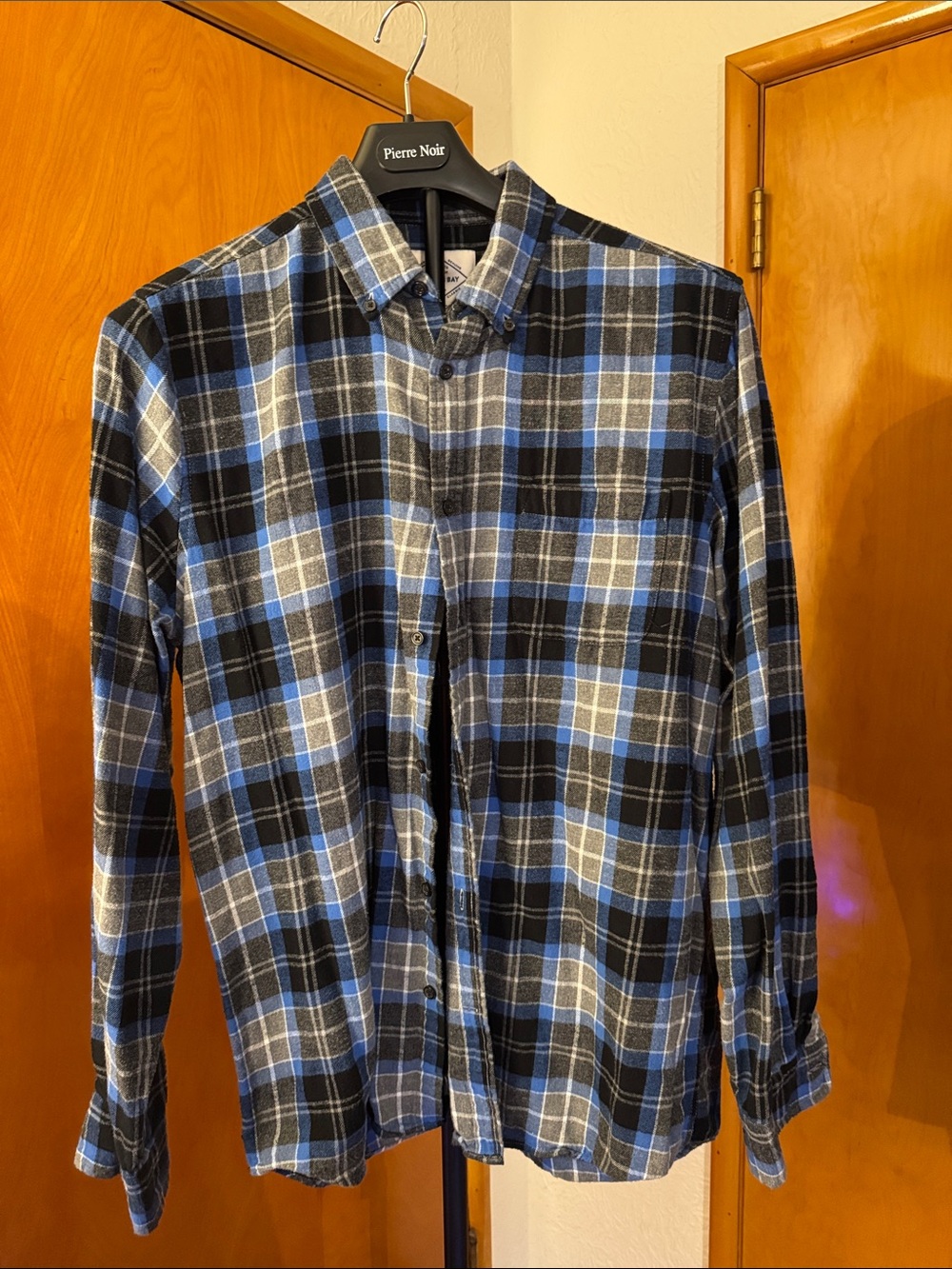 St. John's Bay Blue, Black and Gray Plaid Button-Down Shirt